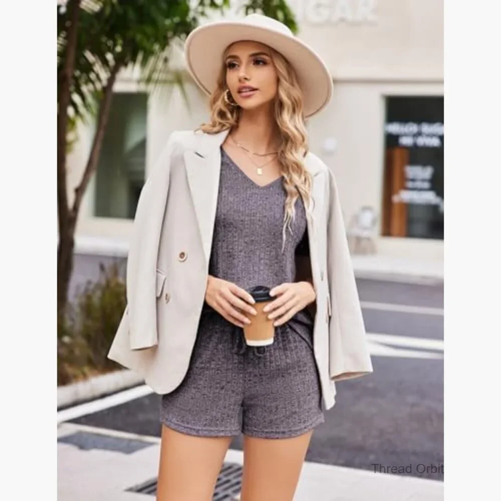 Large Ribbed Knit Lounge Set Short Sleeve V-Neck Top and Drawstring Shorts_6